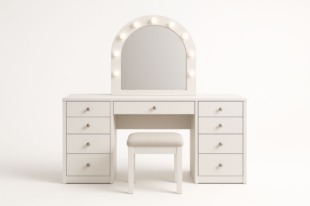 Coiffeuse avec miroir éclairé et tabouret en bois MDF Blanc