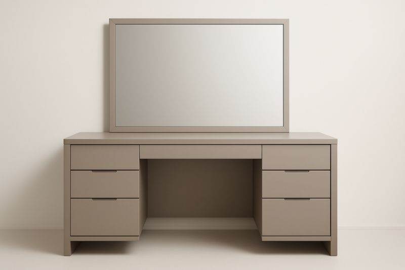 Coiffeuse 145x50x75 cm en panneaux de particules beige avec 6 tiroirs et miroir 120x70 cm