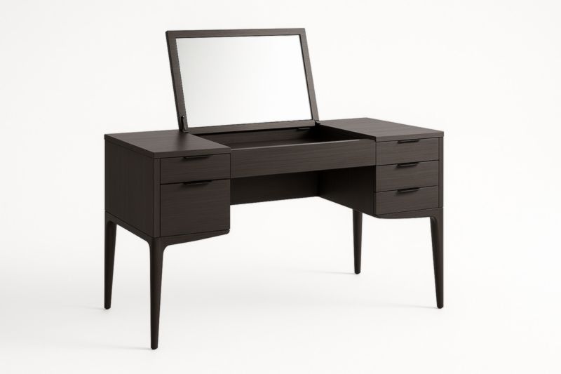 Coiffeuse 140x50x75 cm brun MDF placage frêne pieds hêtre miroir rabattable 5 tiroirs