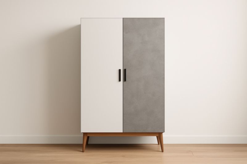 Armoire 100x50x180 cm blanche et grise bois stratifié panneaux MDF 2 portes pieds bois acier noir