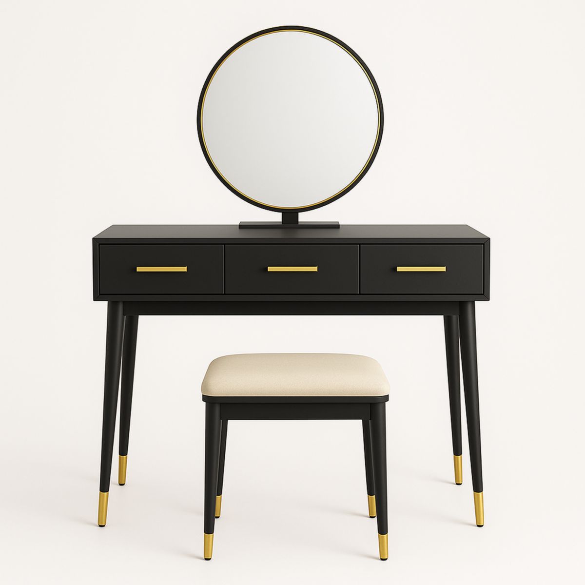 Table de maquillage noire avec miroir rond et tabouret
