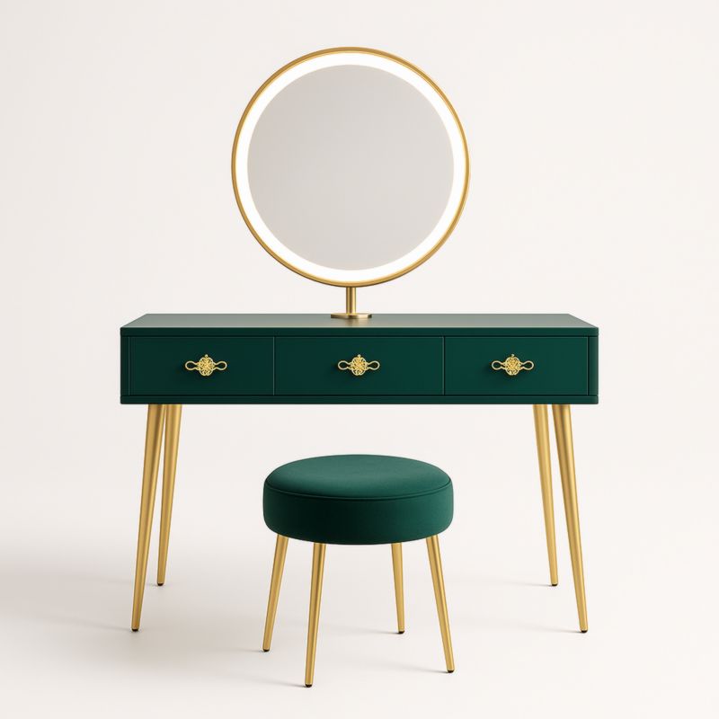 Coiffeuse en Bois et Métal avec Miroir Rond Éclairé Vert et Or