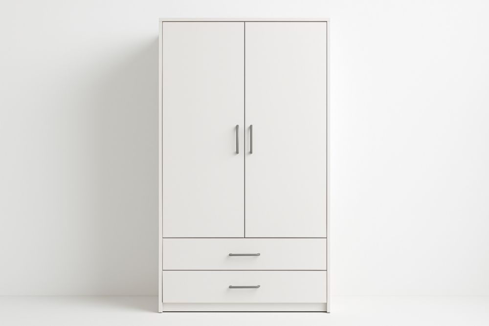 Armoire blanche en panneaux mélaminés avec 2 portes et 2 tiroirs, poignées en acier inoxydable – 90×50×180 cm