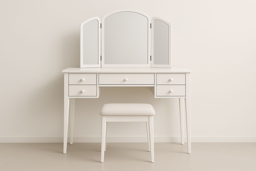 Coiffeuse avec Tabouret et Miroir Trifold Bois Blanc