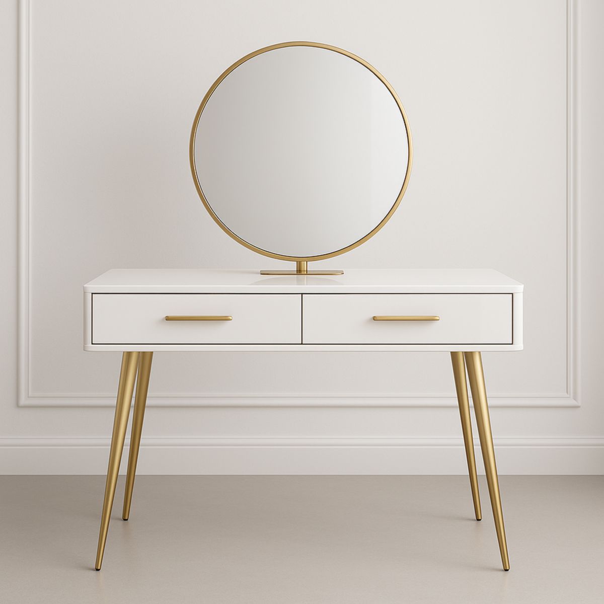 Coiffeuse en MDF Blanc avec Miroir Rond Doré 120x40x75cm