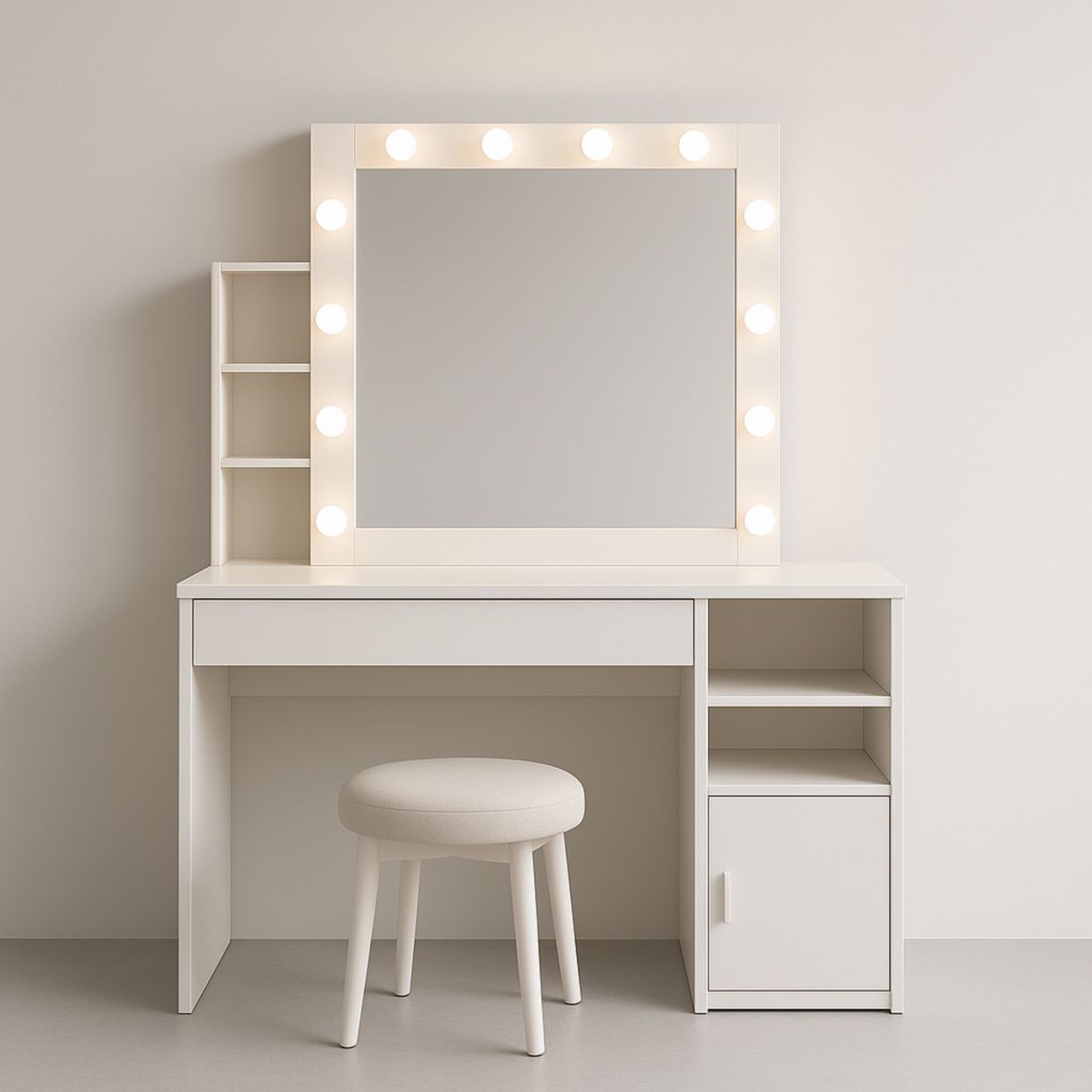 Coiffeuse Blanche avec Miroir Lumineux en MDF et Tabouret