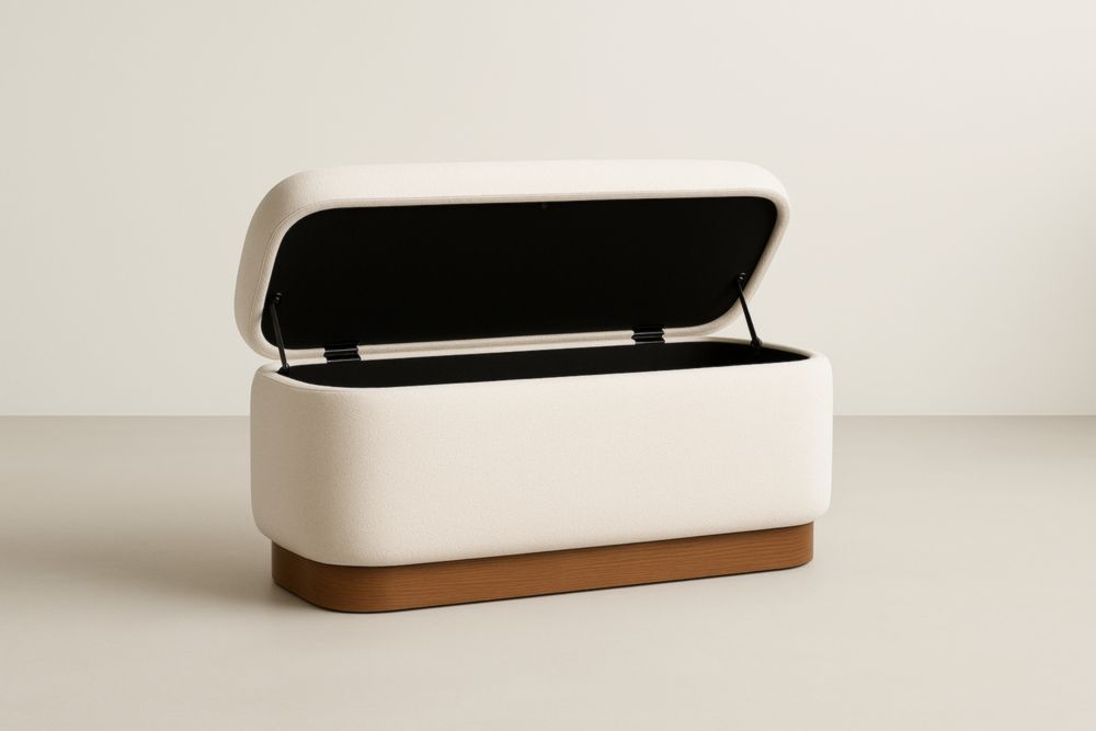 Banc Coffre de Rangement Beige en Tissu et Chêne