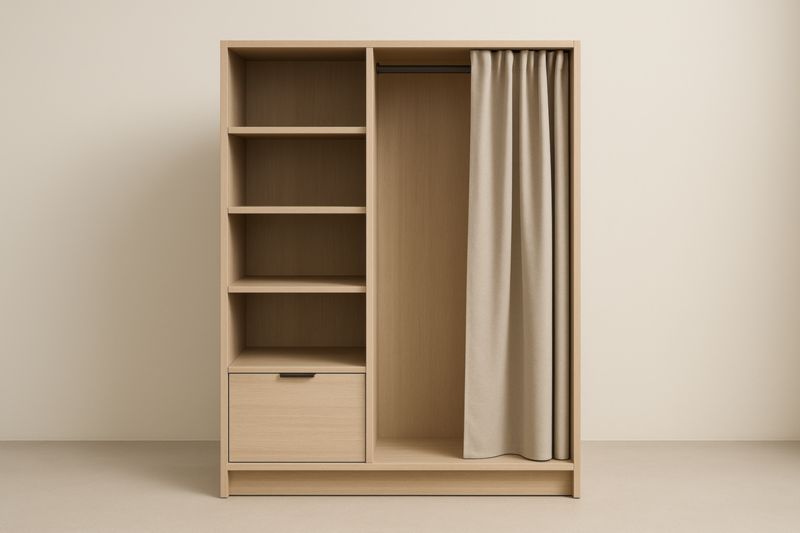 Armoire en Bois avec Rideau et Étagères - Beige