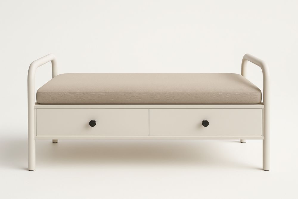 Banc en métal beige avec rangement et coussin en mousse