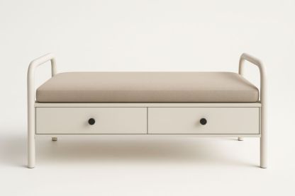 Banc en métal beige avec rangement et coussin en mousse