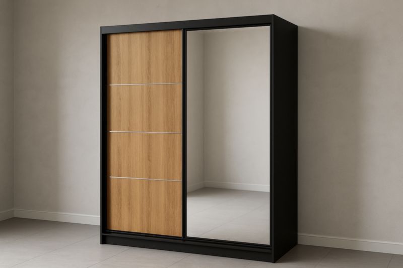 Armoire coulissante en métal et bois avec miroir