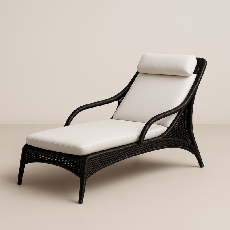 Chaise Longue en Résine Tressée avec Coussins Déhoussables Noirs et Blancs