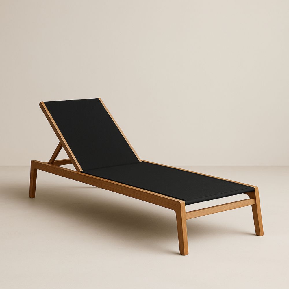 Chaise Longue en Bois de Teck et Tissu Noir Réglable
