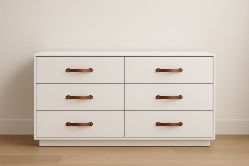 Commode MDF Blanc avec Poignées en Cuir, 6 Tiroirs