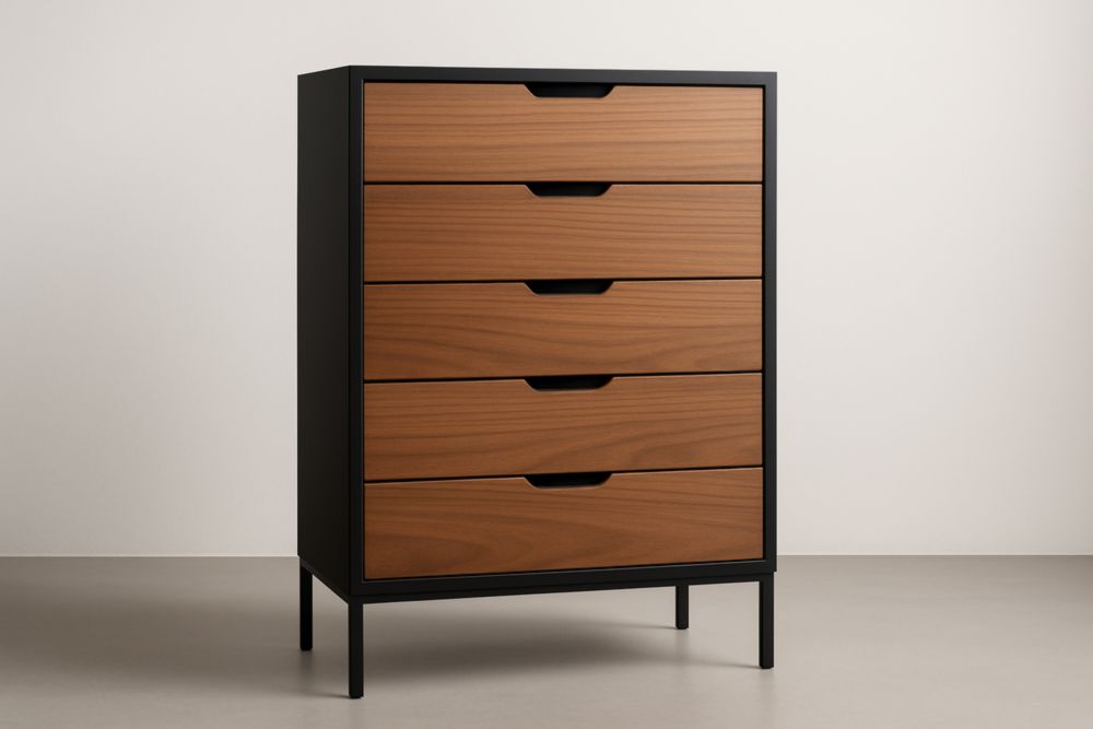 Meuble de rangement placage noyer et acier noir 80x40x100 cm