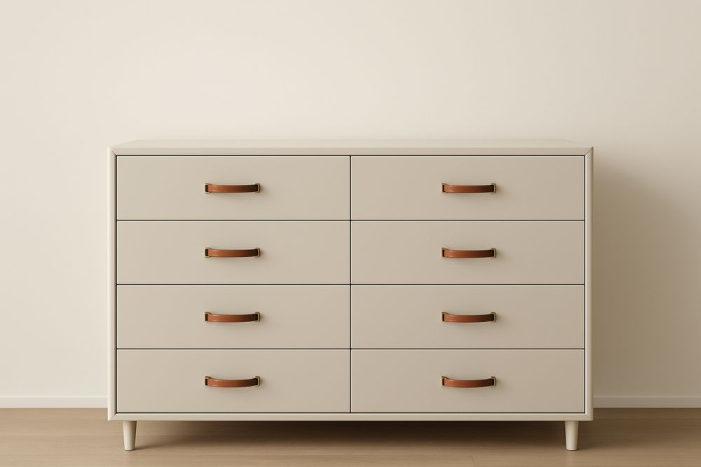 Commode à 8 tiroirs en MDF avec poignées en similicuir Beige