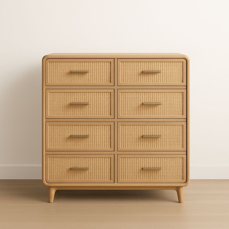 Commode 8 Tiroirs Bois et Rotin 100x90x40 cm
