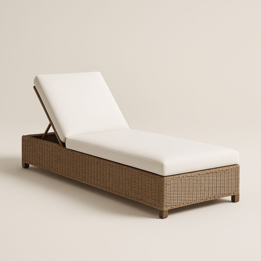 Chaise Longue Réglable en Rotin Synthétique avec Coussins Blancs