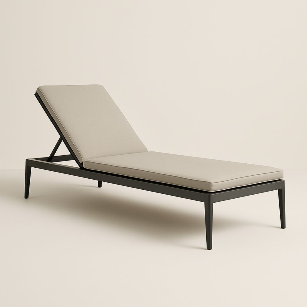 Chaise Longue Extérieure Réglable Cadre Noir Tissu Beige