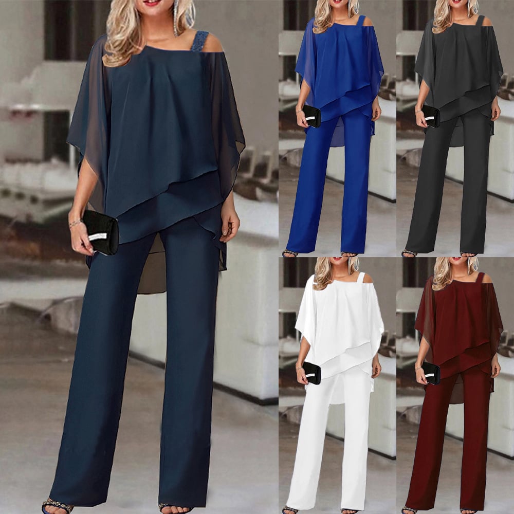 Elegant Layered Chiffon Top & Wide-Leg Pants Set