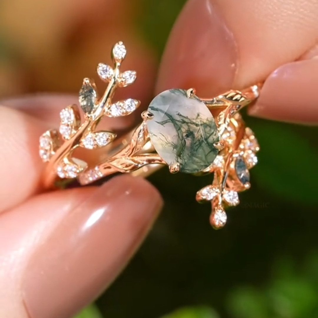 Vintage Oval Cut Green Moss Agate Nature Inspired Sterling Silver Bridal Ring Set