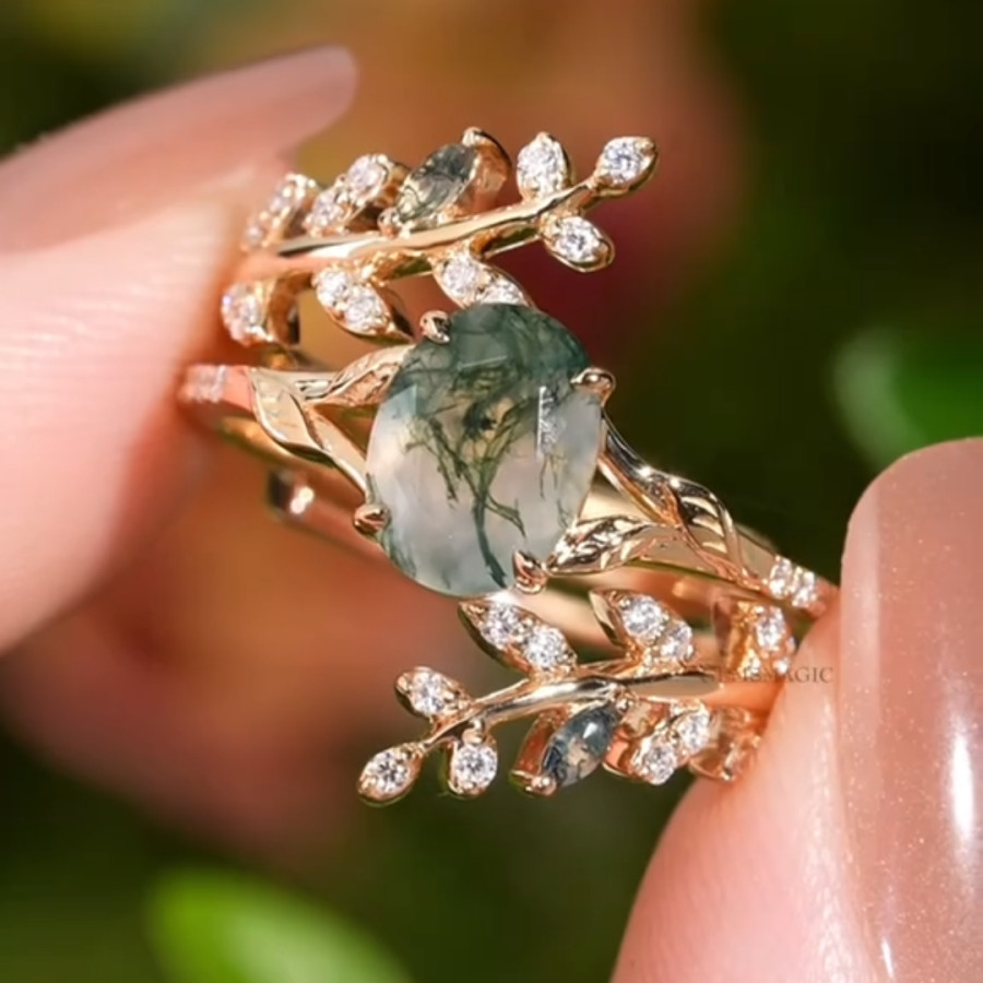 Vintage Oval Cut Green Moss Agate Nature Inspired Sterling Silver Bridal Ring Set