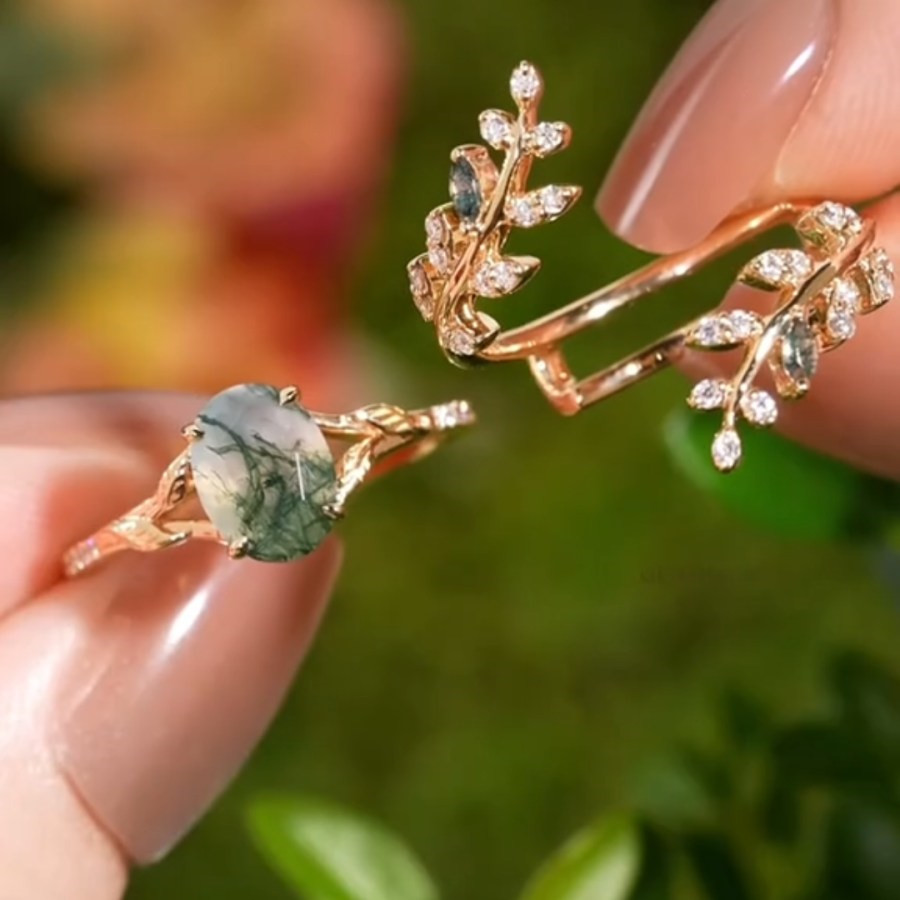 Vintage Oval Cut Green Moss Agate Nature Inspired Sterling Silver Bridal Ring Set