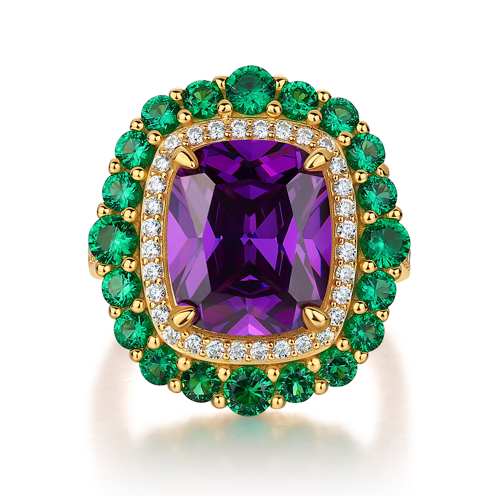 Cushion Cut Amethyst Sterling Silver Yellow Gold Double Halo Engagement Ring