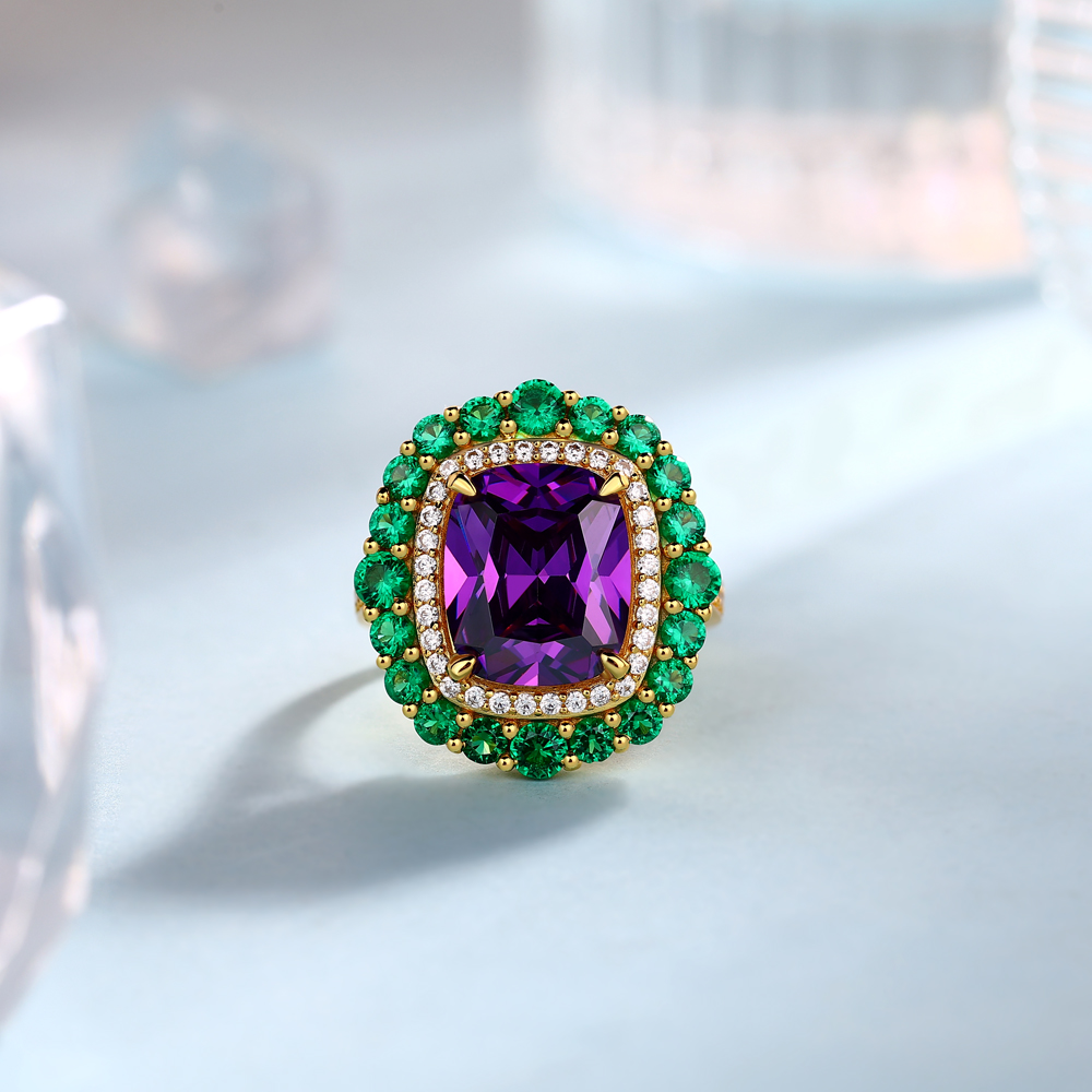 Cushion Cut Amethyst Sterling Silver Yellow Gold Double Halo Engagement Ring