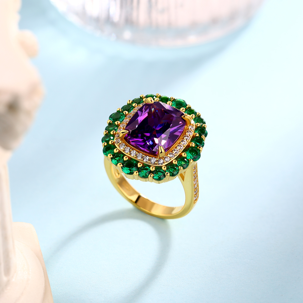 Cushion Cut Amethyst Sterling Silver Yellow Gold Double Halo Engagement Ring