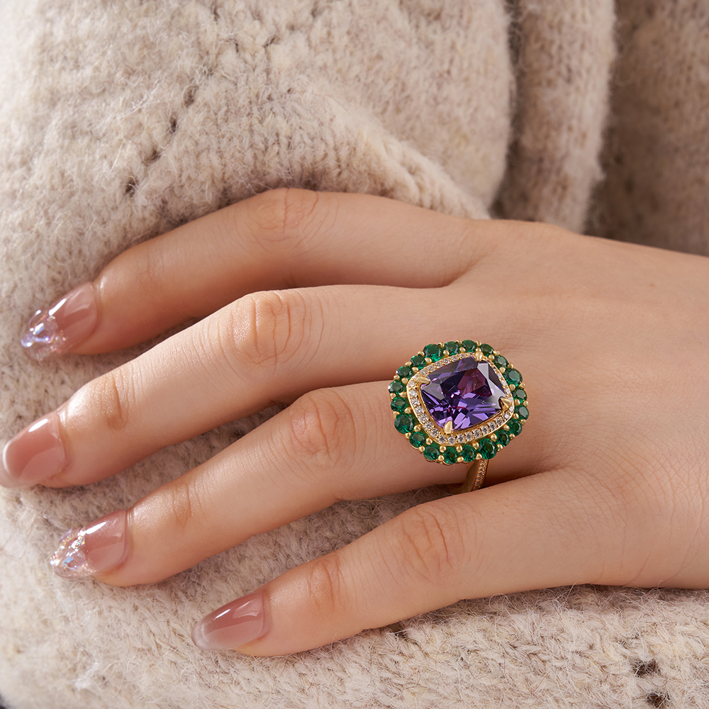 Cushion Cut Amethyst Sterling Silver Yellow Gold Double Halo Engagement Ring