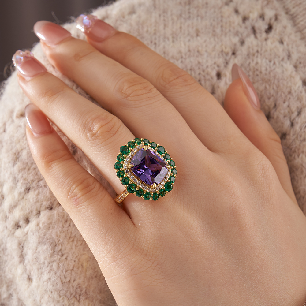 Cushion Cut Amethyst Sterling Silver Yellow Gold Double Halo Engagement Ring