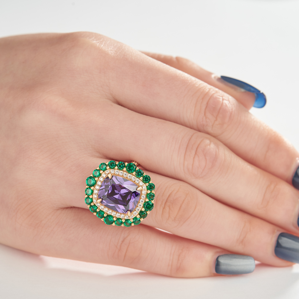 Cushion Cut Amethyst Sterling Silver Yellow Gold Double Halo Engagement Ring