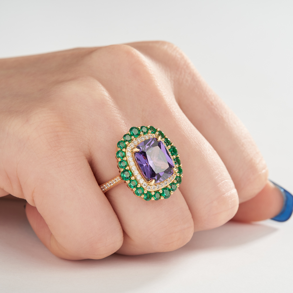 Cushion Cut Amethyst Sterling Silver Yellow Gold Double Halo Engagement Ring