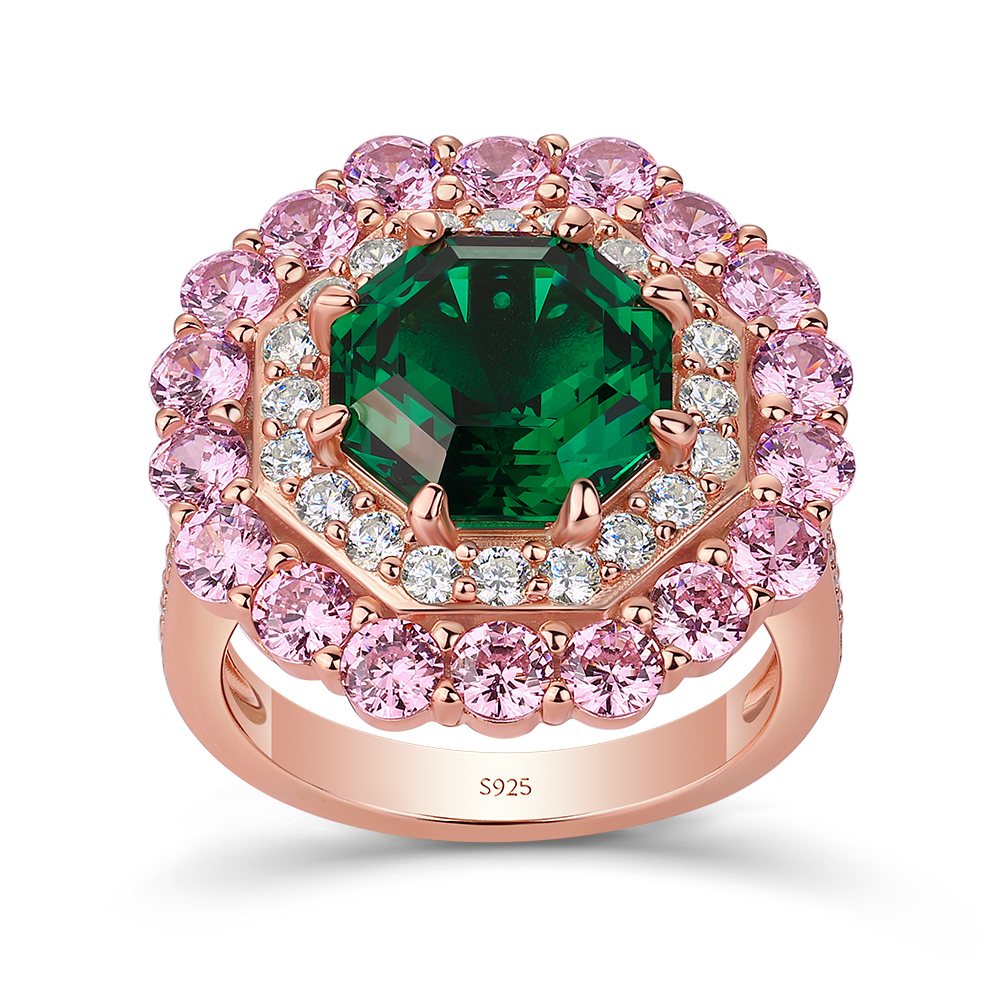 Octagon Cut Sapphire Blue Sterling Silver Double Halo Engagement Ring