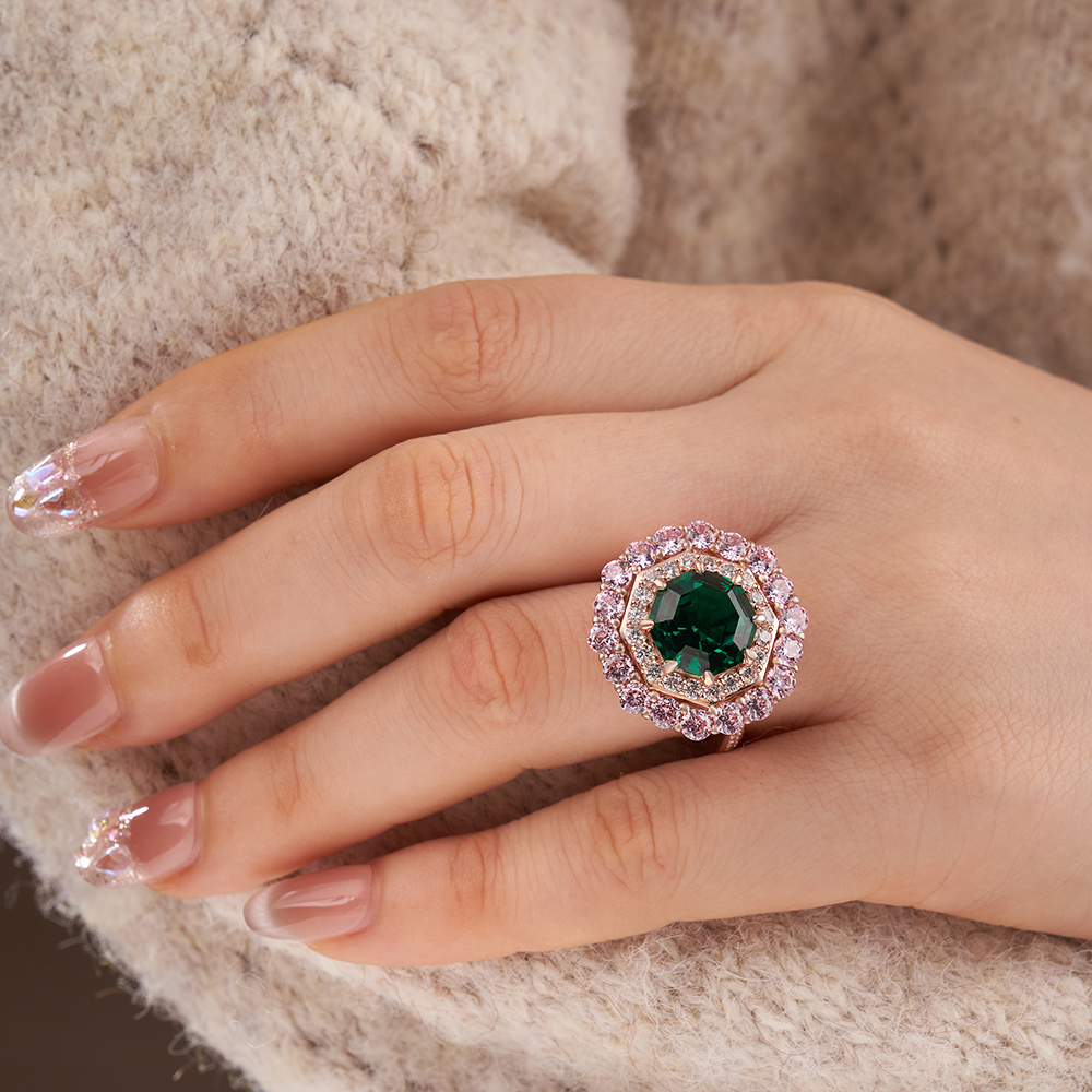 Octagon Cut Sapphire Blue Sterling Silver Double Halo Engagement Ring