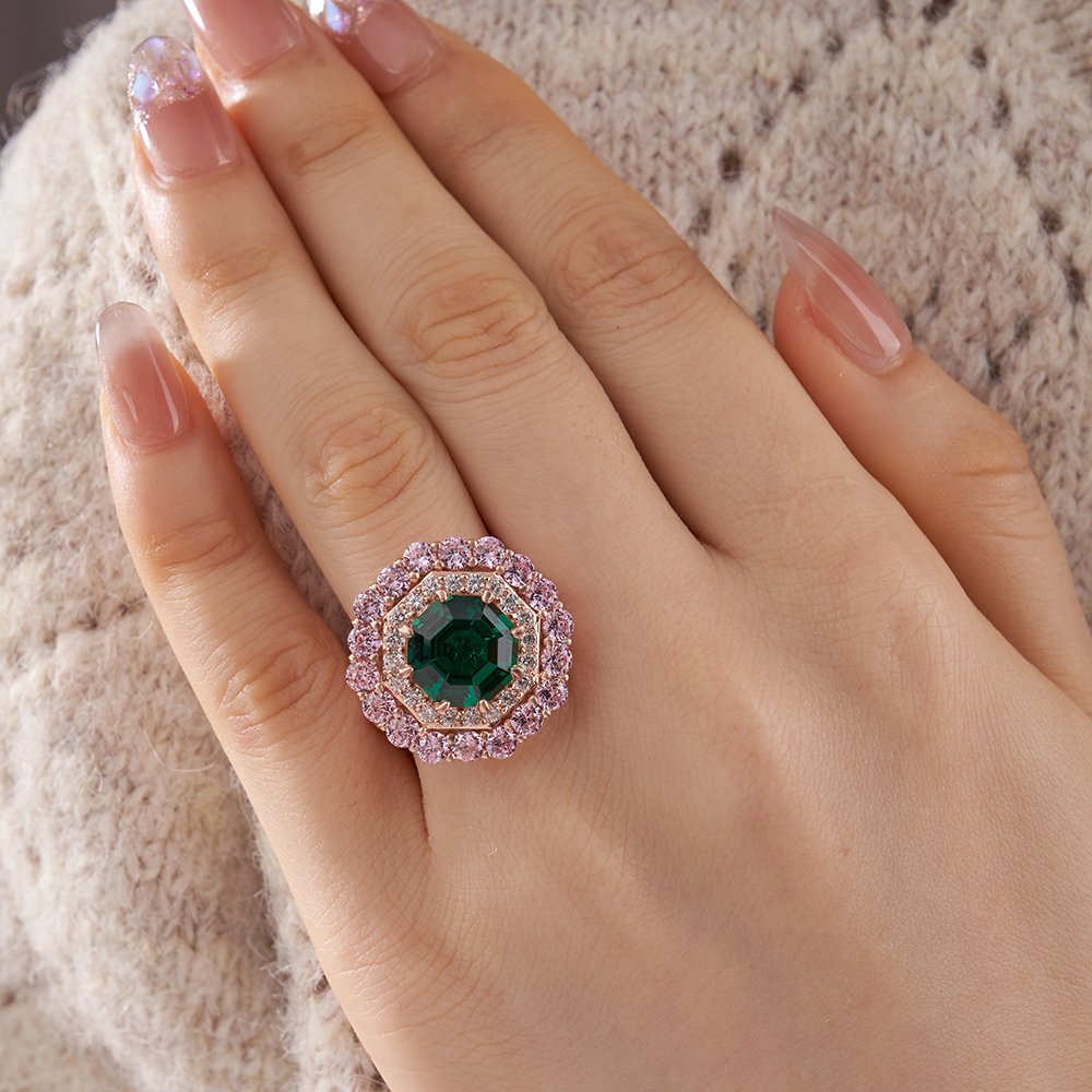 Octagon Cut Sapphire Blue Sterling Silver Double Halo Engagement Ring