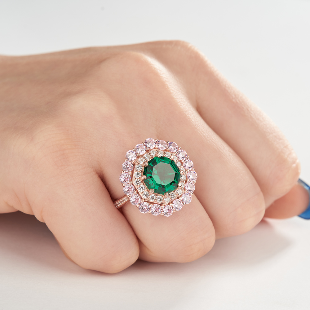 Octagon Cut Sapphire Blue Sterling Silver Double Halo Engagement Ring