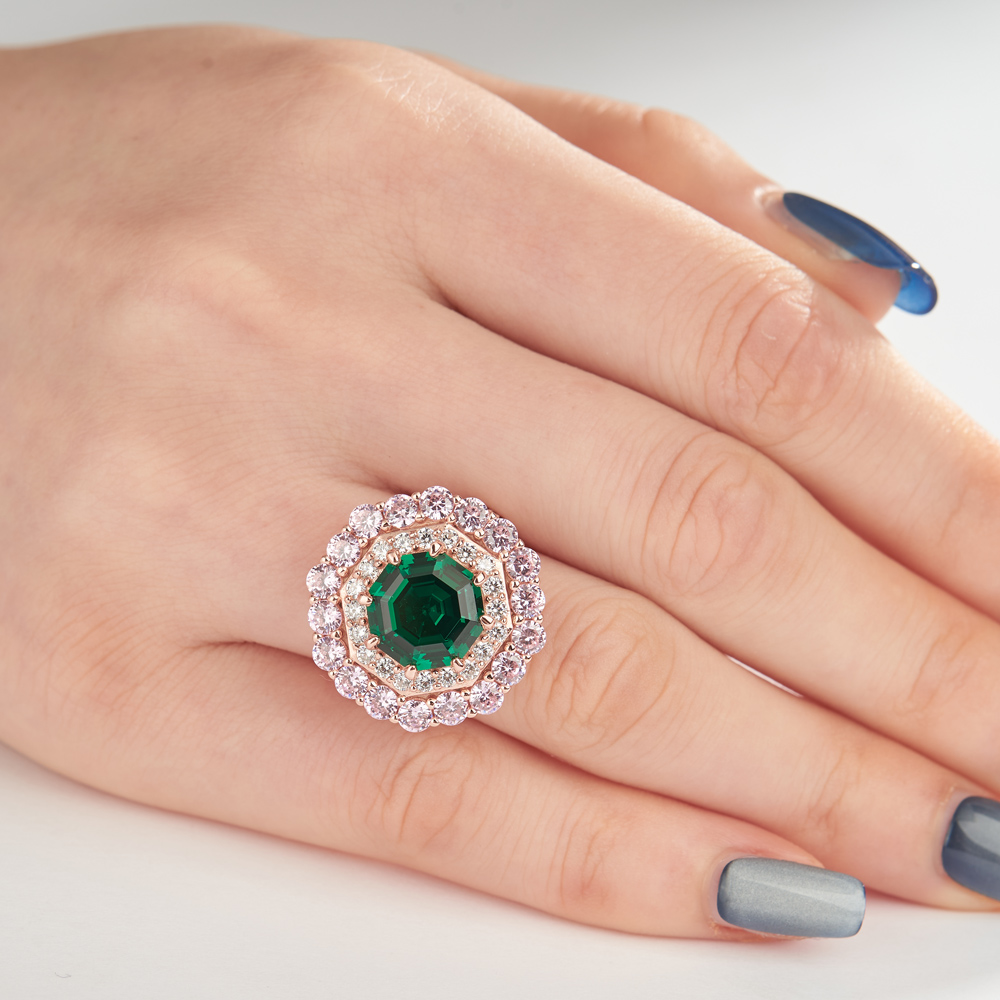 Octagon Cut Sapphire Blue Sterling Silver Double Halo Engagement Ring