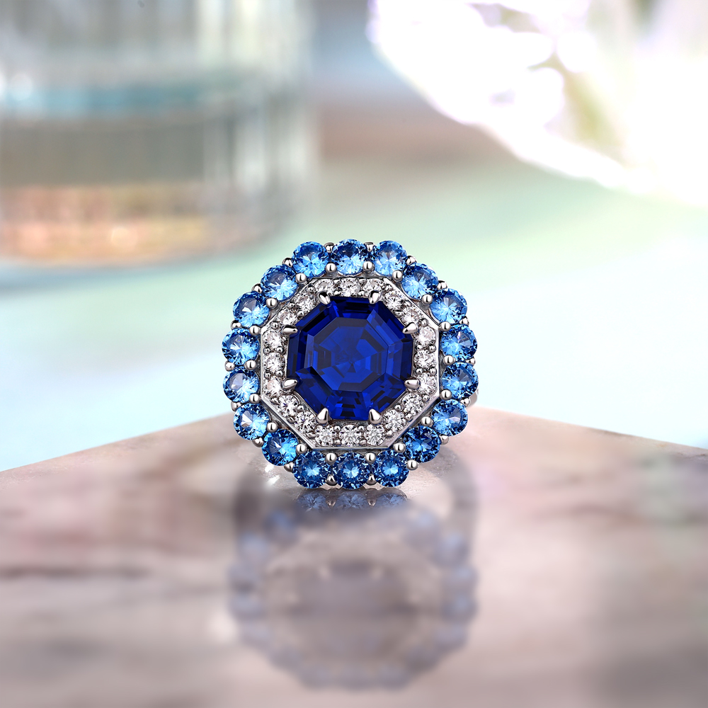 Octagon Cut Sapphire Blue Sterling Silver Double Halo Engagement Ring
