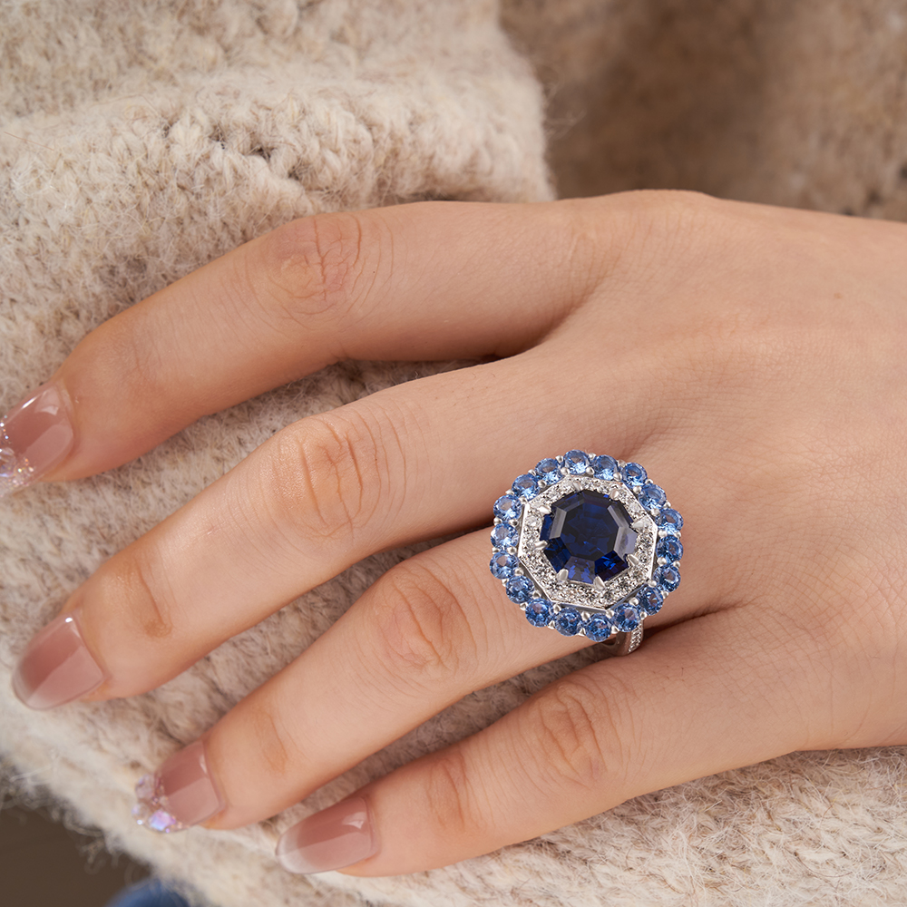 Octagon Cut Sapphire Blue Sterling Silver Double Halo Engagement Ring