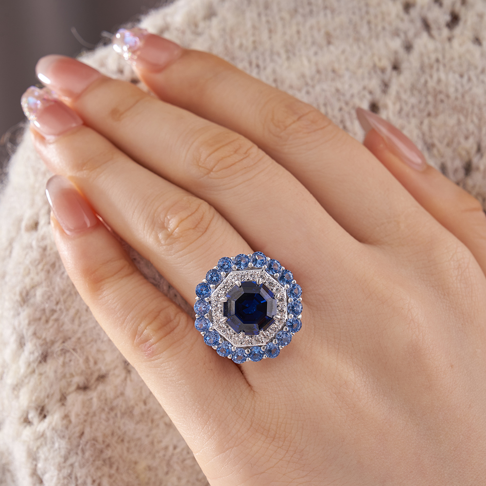 Octagon Cut Sapphire Blue Sterling Silver Double Halo Engagement Ring