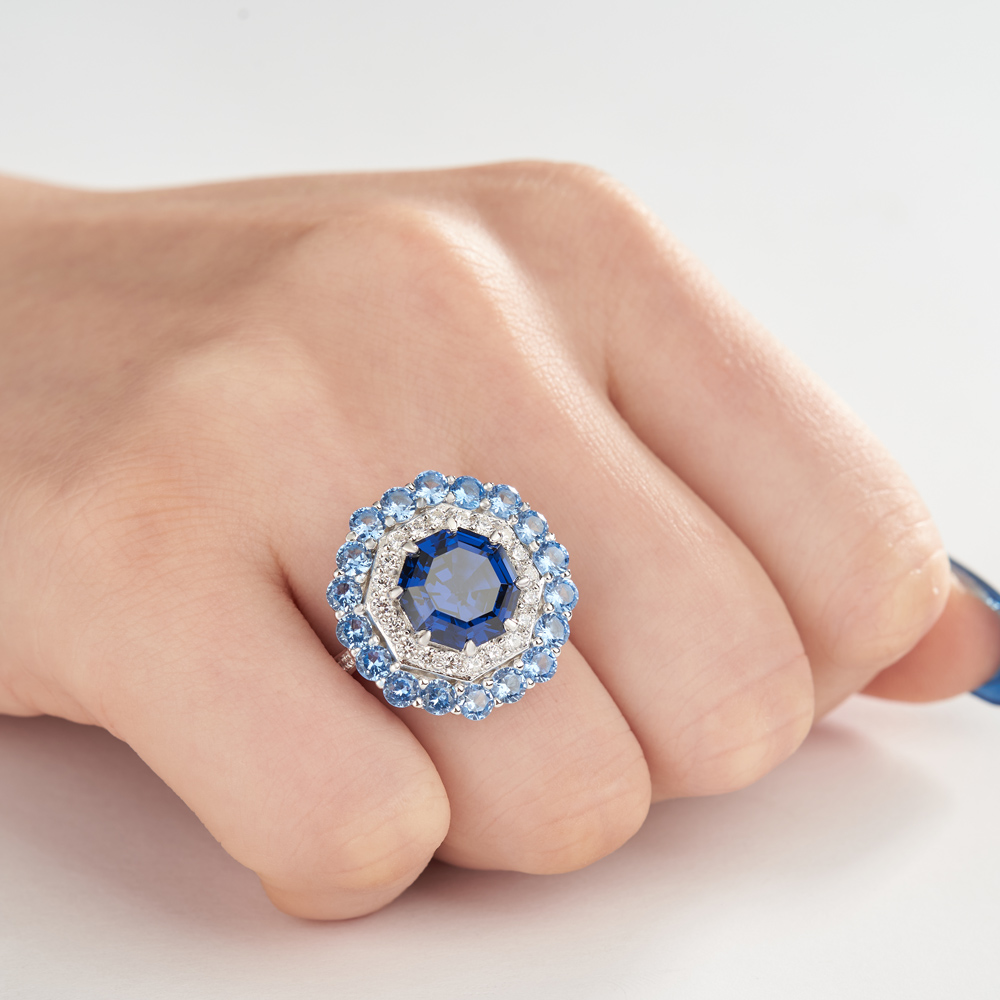 Octagon Cut Sapphire Blue Sterling Silver Double Halo Engagement Ring