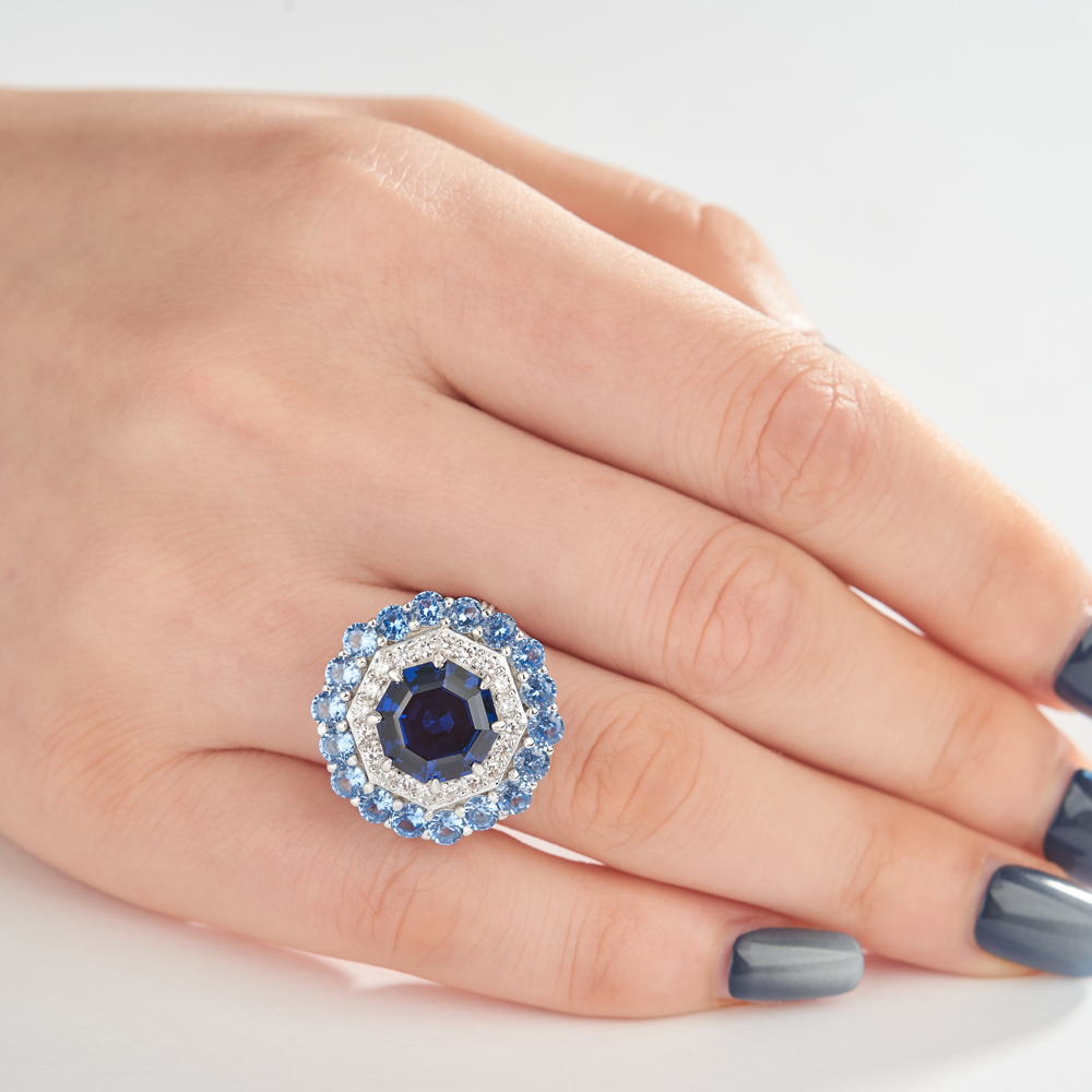 Octagon Cut Sapphire Blue Sterling Silver Double Halo Engagement Ring