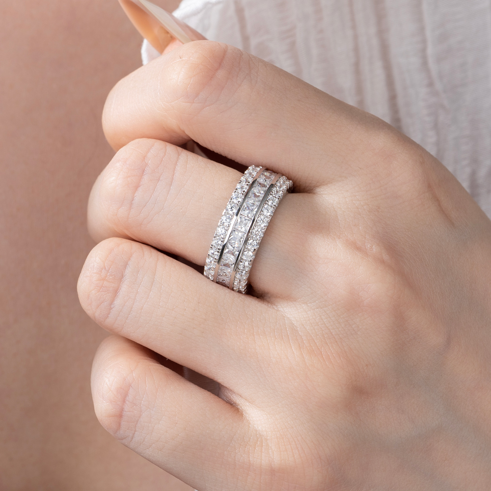 Princess Cut Diamond White Band in 925 Sterling Silver