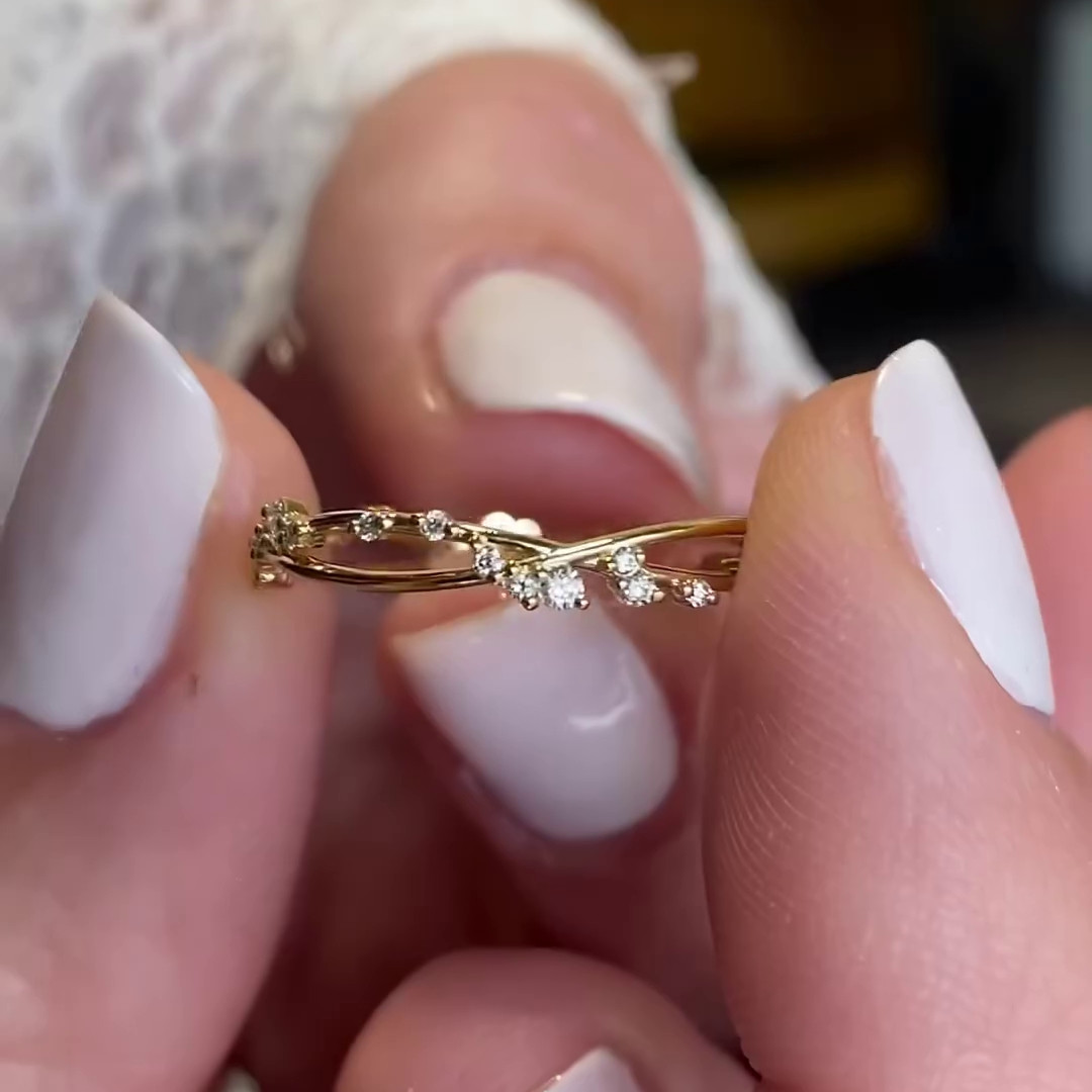 Round Cut Diamond White 925 Sterling Silver Yellow Gold Minimalist Stackable Band