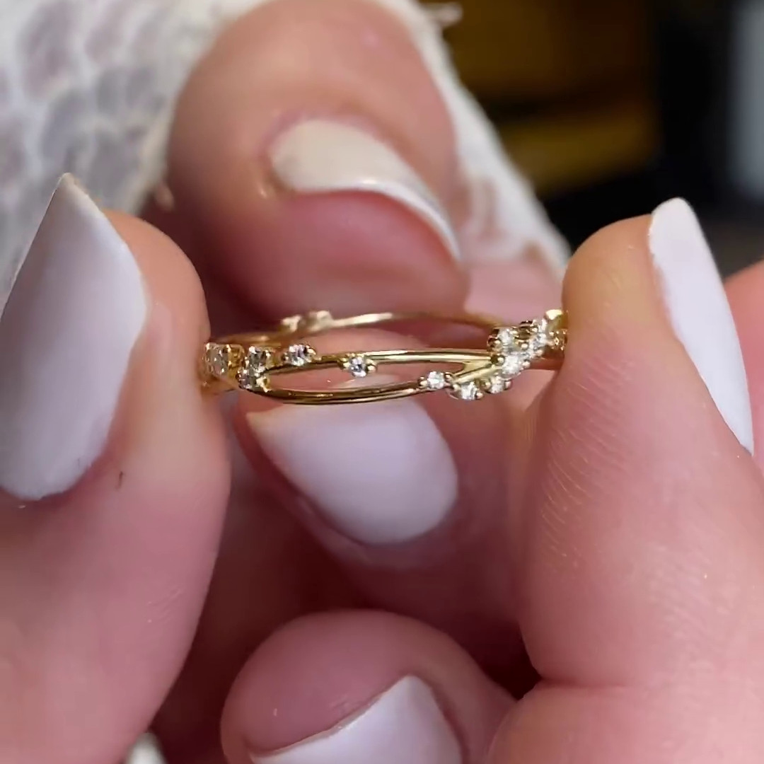 Round Cut Diamond White 925 Sterling Silver Yellow Gold Minimalist Stackable Band