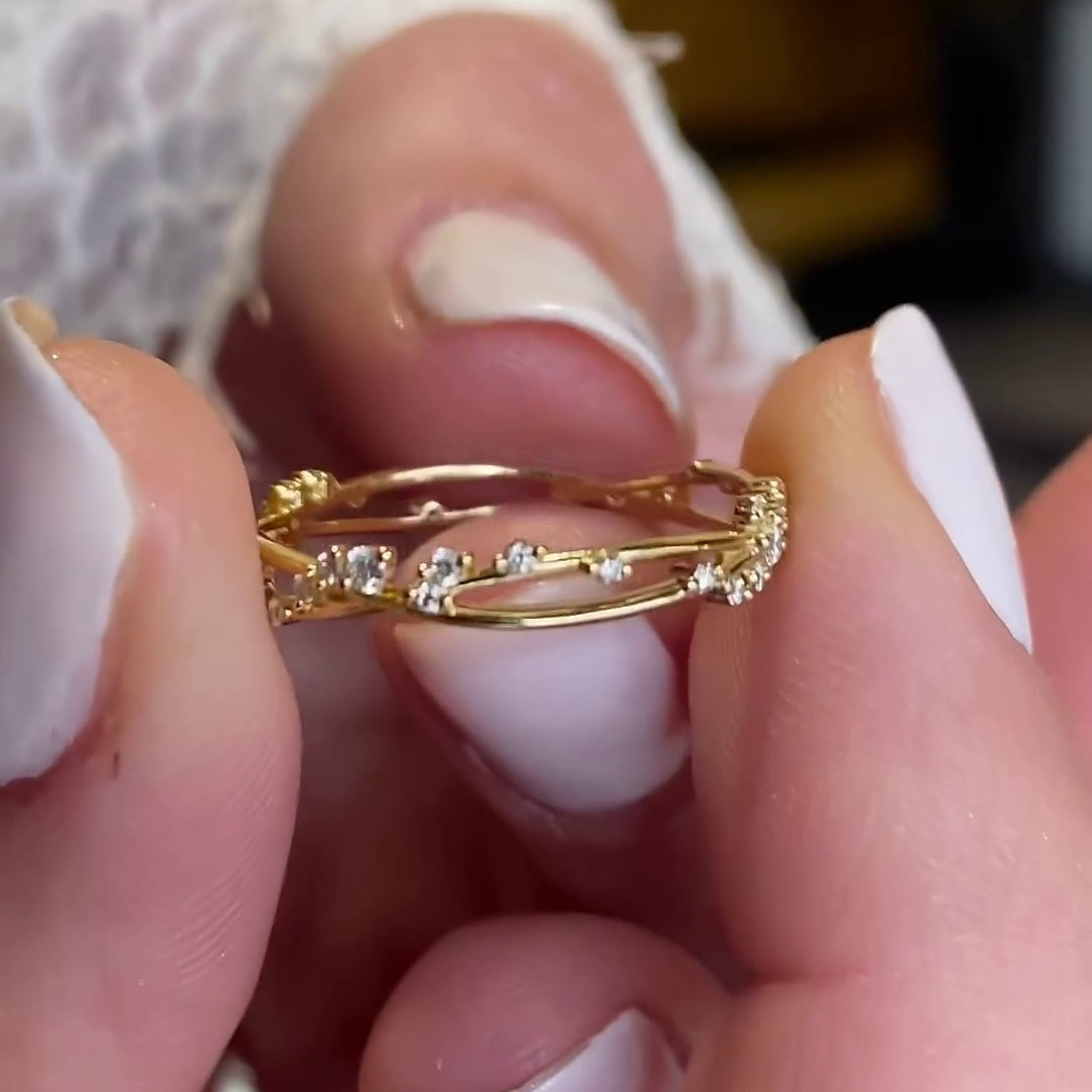 Round Cut Diamond White 925 Sterling Silver Yellow Gold Minimalist Stackable Band