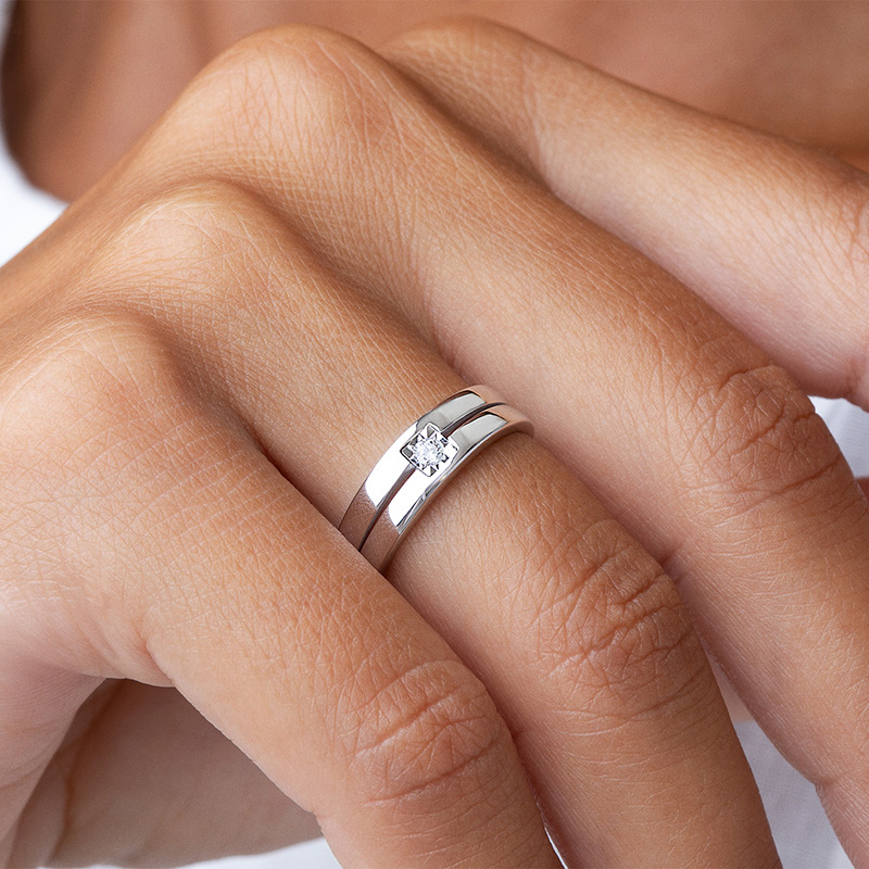 Round Cut Diamond White Sterling Silver Solitaire Wedding Band