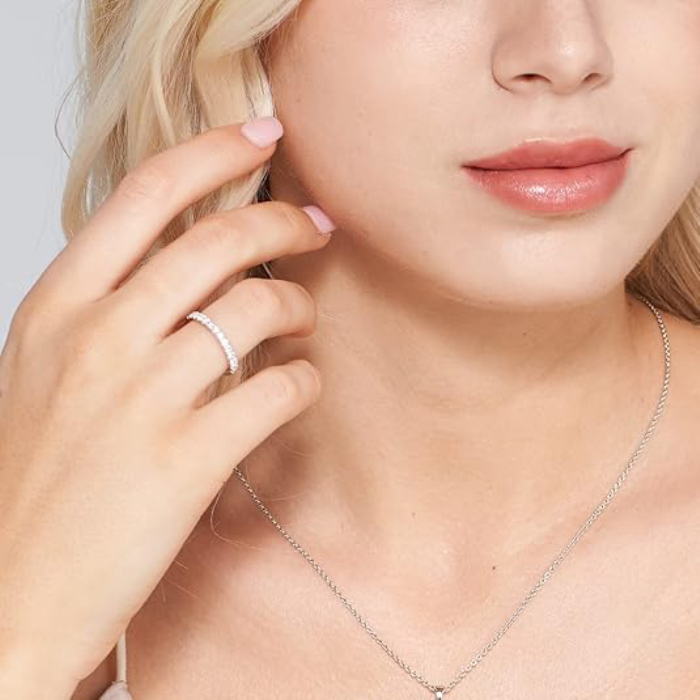 Round Cut Diamond White Sterling Silver Stackable Ring Eternity Wedding Band